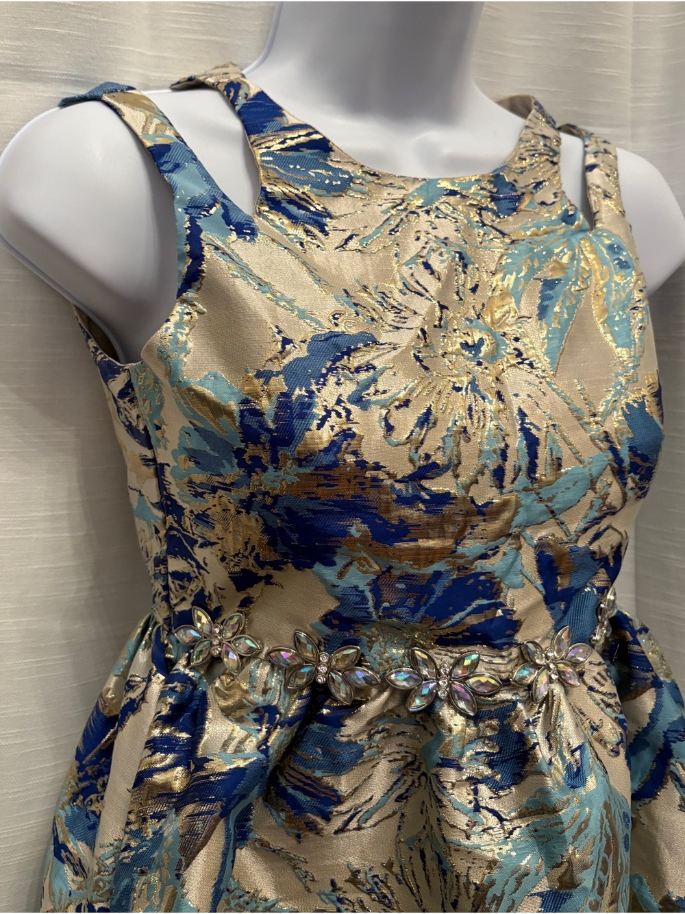 Rare Editions Metallic Blue and Gold Floral Dress with Embellished Waist